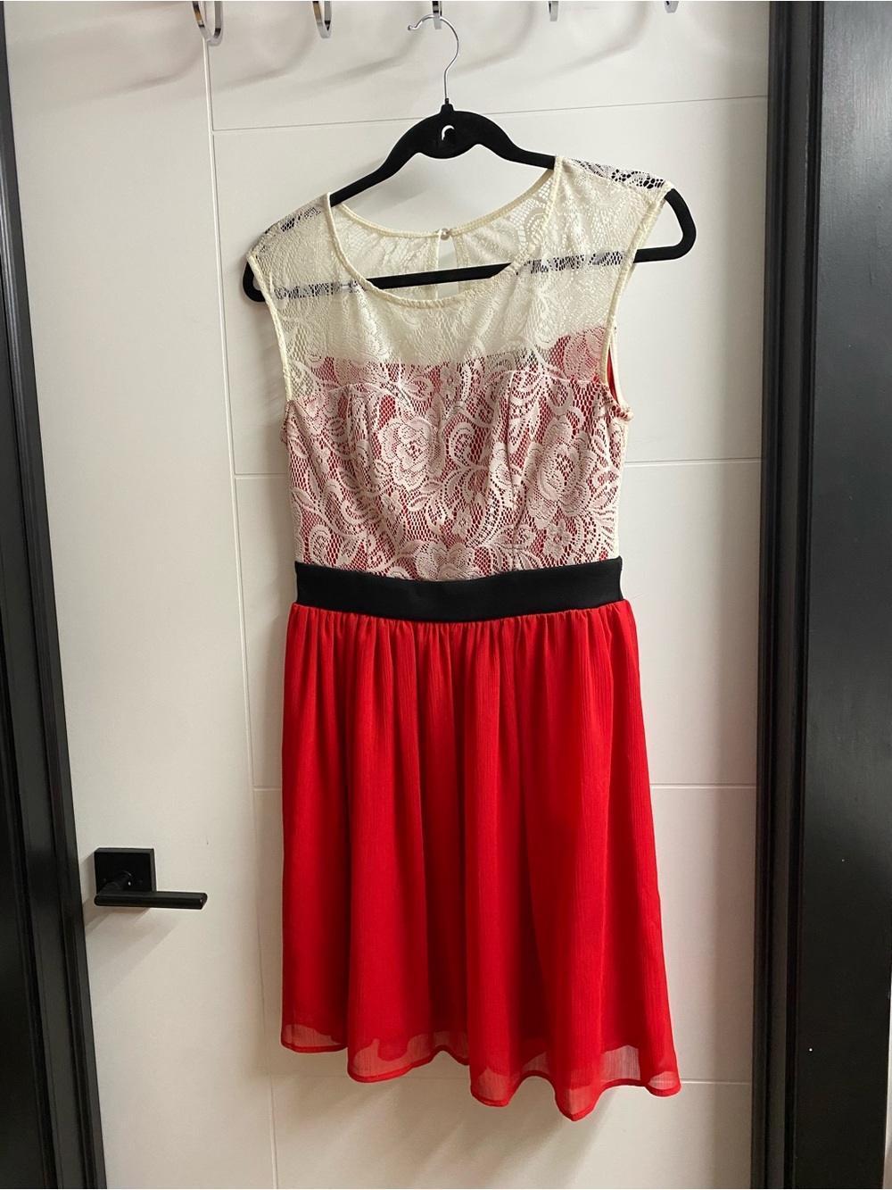 Mystic Red Chiffon Skirt Ivory Lace Bodice Dress